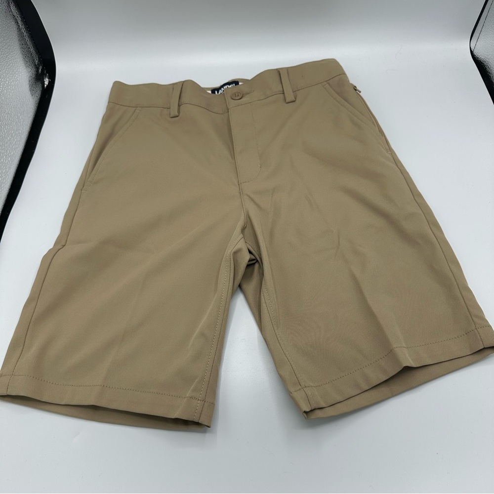 LANDS END Khaki School Uniform Plain Front Chino Shorts Boys Size 10 Adj. Waist